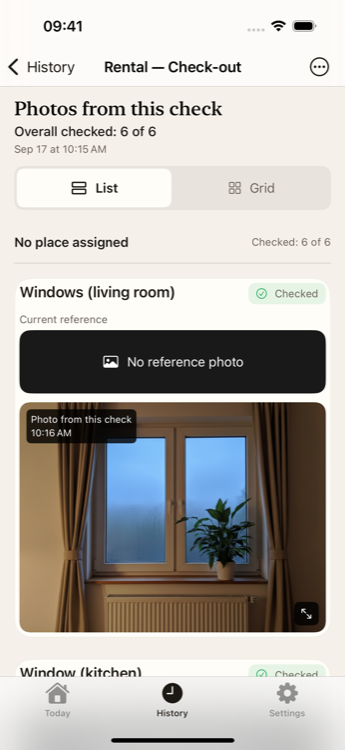 A rental check-out in History: List and Grid controls, a window photo, and a separate current-reference area