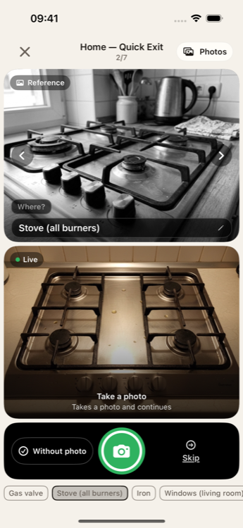 Checking the stove: the gray reference photo above the live camera