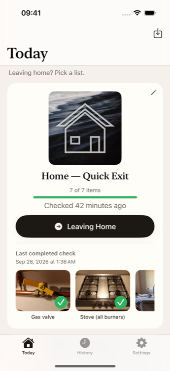 The home screen: the Leaving Home button and the photos from the last check
