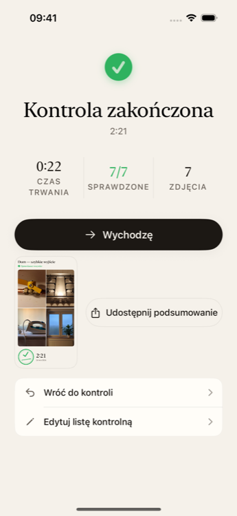 Ekran „Kontrola zakończona”: czas trwania, sprawdzone 7/7, 7 zdjęć