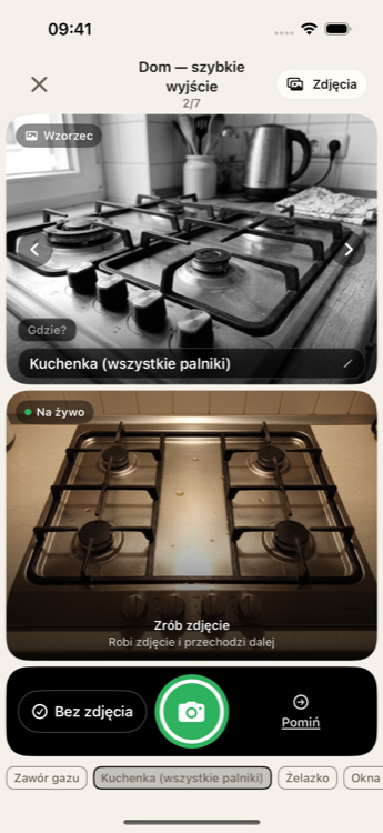 Kontrola kuchenki: szare zdjęcie wzorcowe nad podglądem z aparatu