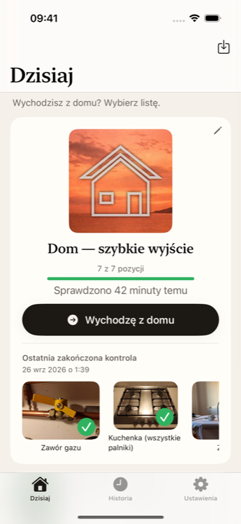 Ekran startowy aplikacji: przycisk „Wychodzę z domu” i zdjęcia z ostatniej kontroli